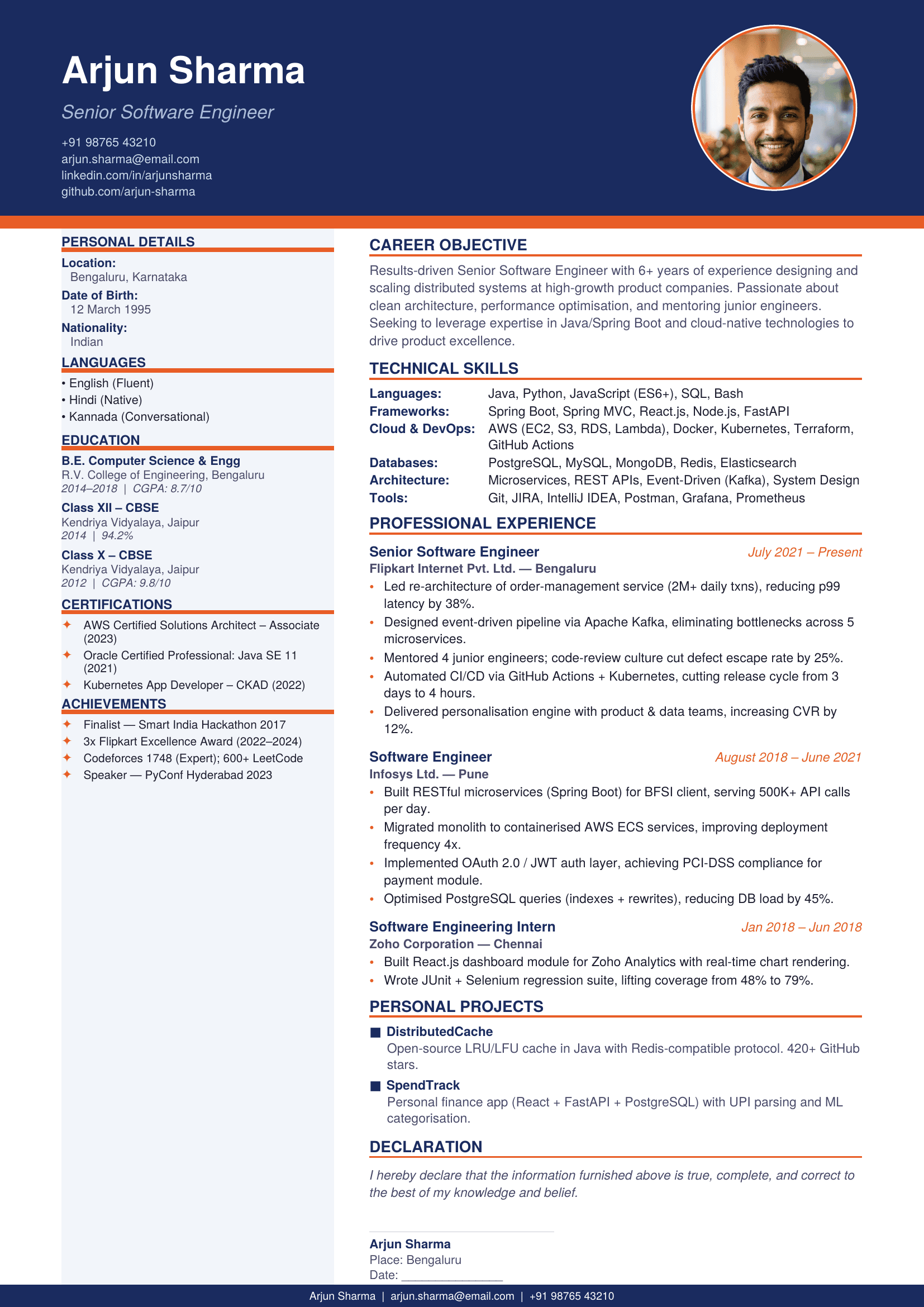 Traditional South Asian CV — photo, date of birth, marital status, objective paragraph, declaration