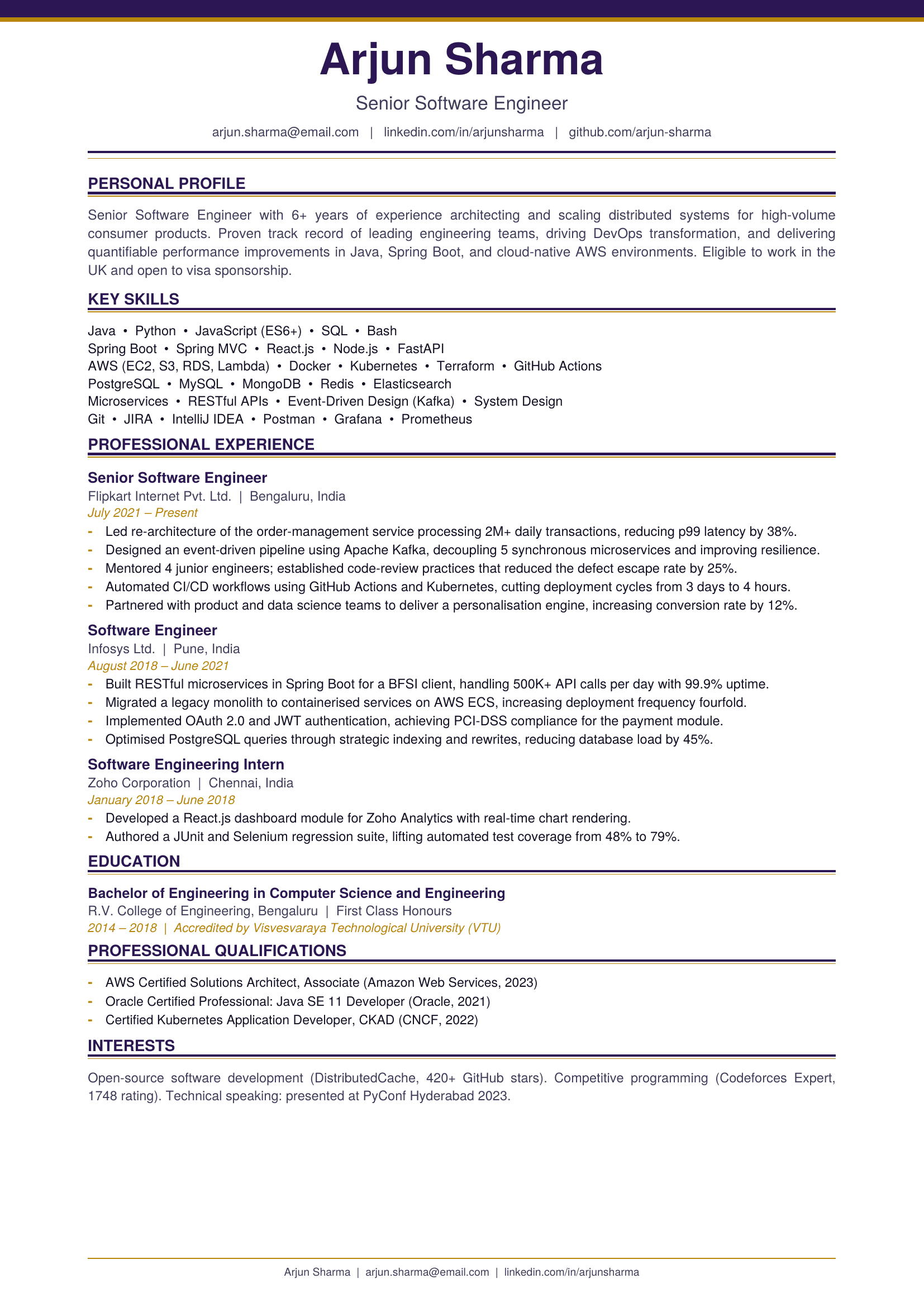 UK-format CV — professional layout, no photo, personal profile, quantified achievements